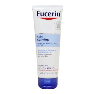 Front view of a tube of Eucerin Skin Calming Natural Oatmeal Enriched Creme - the blue cap version