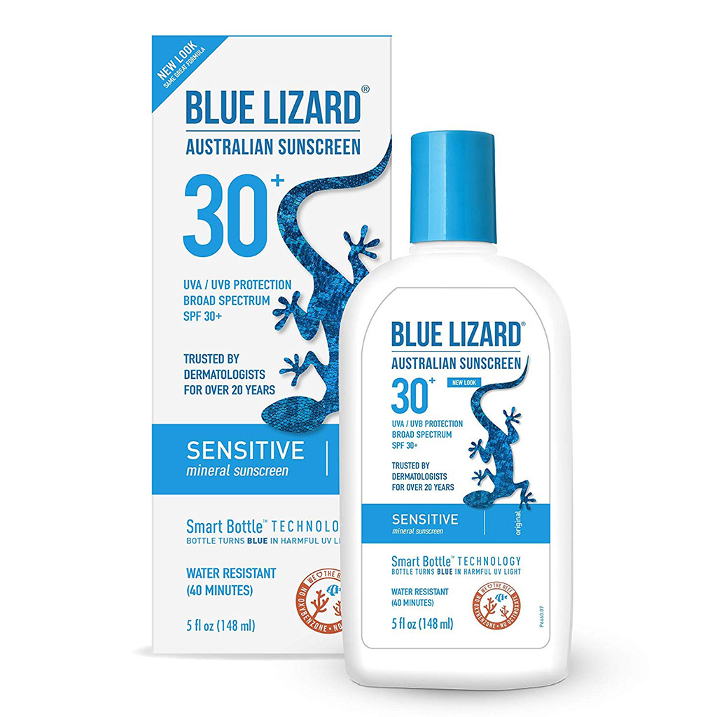 Bottle and package of Blue Lizard Australian Sunscreen - a good zinc oxide based candidate for seborrheic dermatitis prone skin