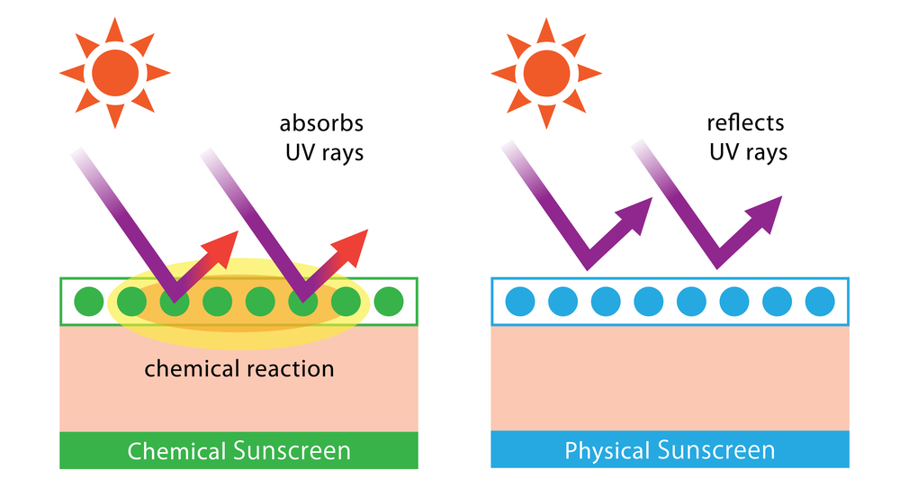 Visual representation of the primary difference between chemical and physical sunscreen agents; chemical agents absorb UV rays, while physical ones reflect them.