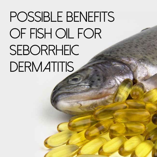 Cover image for article discussing benefits of fish oil for seborrheic dermatitis symptoms - text overlay over photo of fish oil beside pile of fish oil capsules