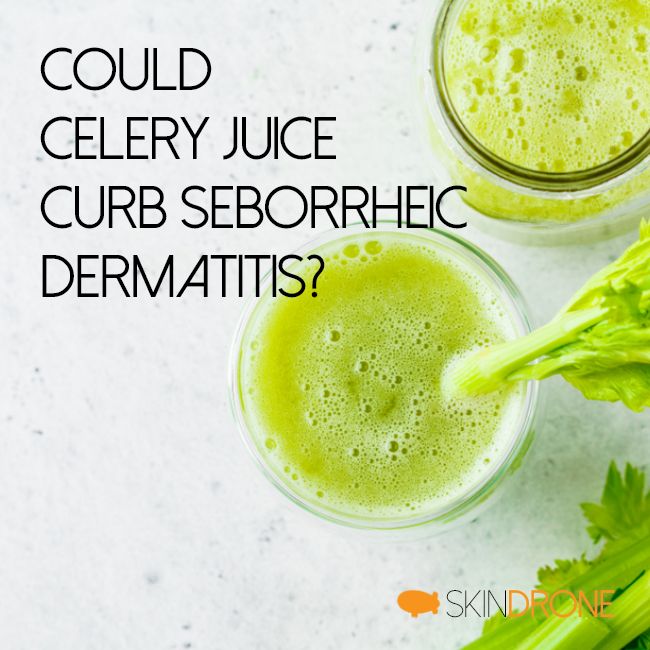 Cover photo for article discussing the impact of celery juice on seborrheic dermatitis - words on background showing two cups of celery juice