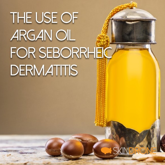 Cover image for article examining the potential use of Argan oil in the treatment of seborrheic dermatitis - text overlays a photo that shows a Moroccan styled bottle of Argan oil standing beside fresh Argan beans