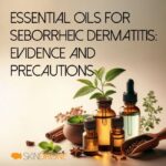Bottles of essential oils, potential remedies for seborrheic dermatitis. Banner containing the article title.