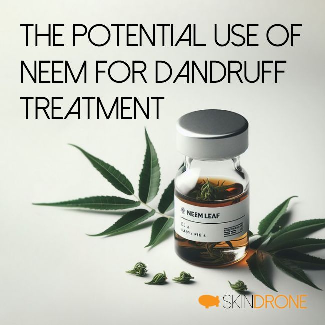 Neem leaf extract vial with neem leaf in background. Potential Use of Neem for Dandruff Treatment article banner.