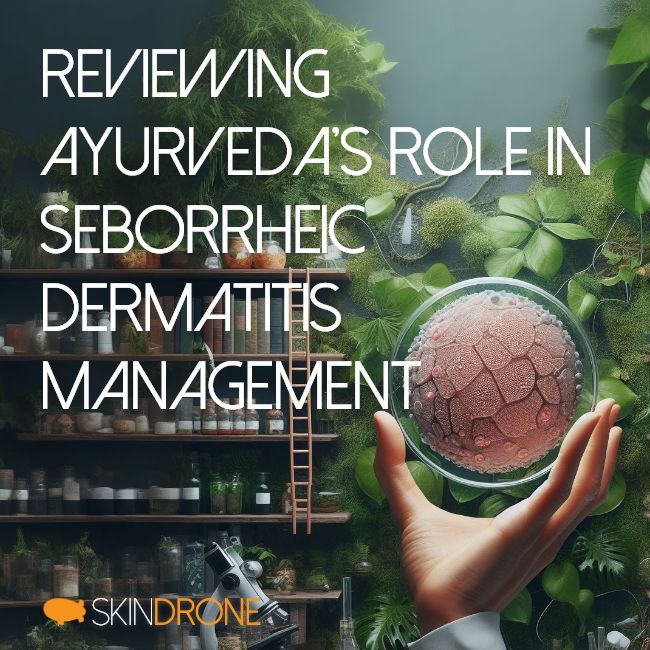 Exploring Ayurveda's Impact: Person with Magnifying Glass Examining Red Sphere in Scientific Context with Books on Seborrheic Dermatitis Management - Banner with article title
