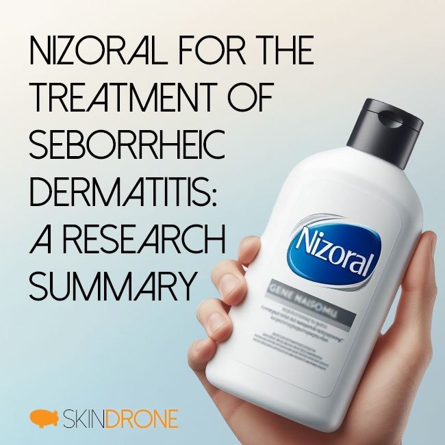A hand holding out a bottle of generic Nizoral shampoo. The post title "Nizoral for Seborrheic Dermatitis: A Research Summary" in the top left corner.