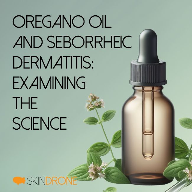 Oregano oil bottle with essential oil on the right hand side - article title "Oregano Oil and Seborrheic Dermatitis: Examining the Science" appears on the left hand side. Subtle green background.