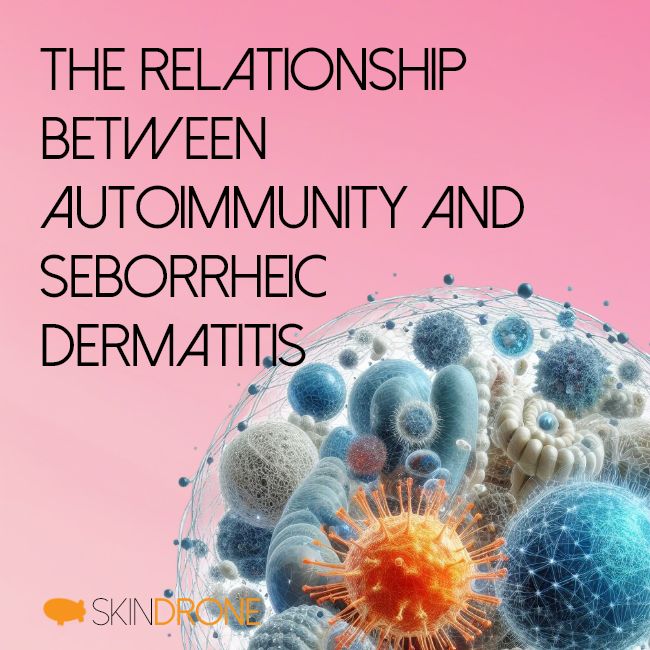 A abstract representation of microbial immune system skin interaction - representing the relationship ship between seborrheic dermatitis and autoimmunity. Article title in left corner.