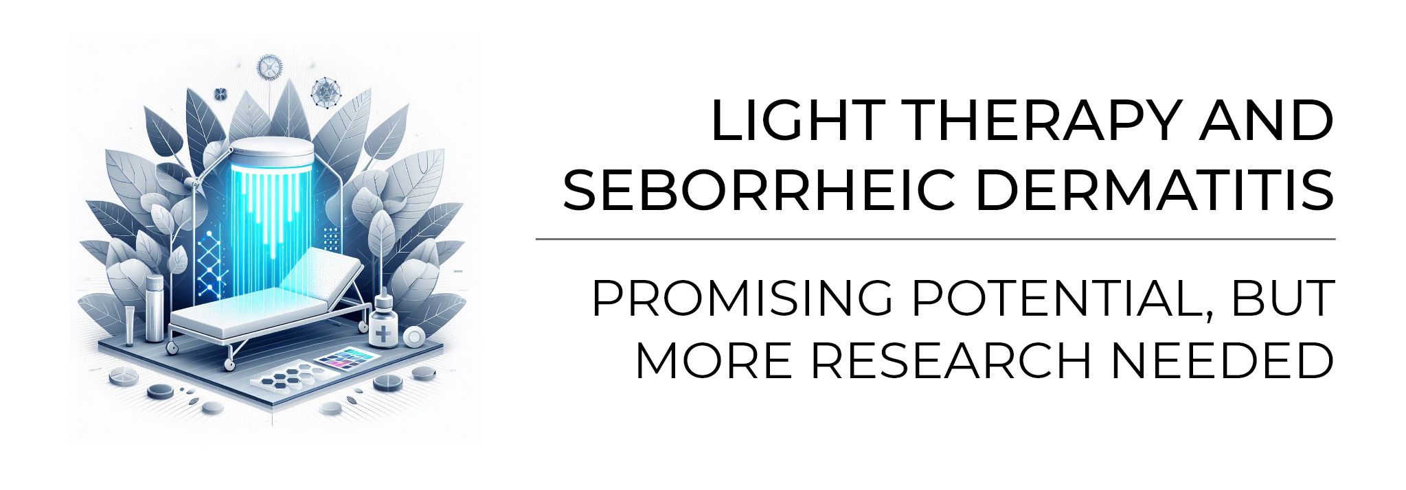 A banner displaying the concluding remarks for the article alongside a graphic representing light therapy. Text reads "Light therapy and seborrheic dermatitis - promising potential, but more research is needed"