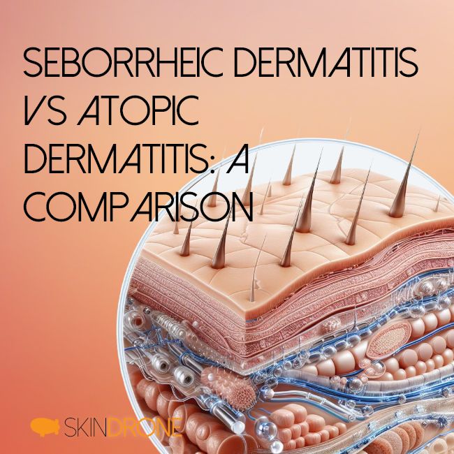 An image of the skin layers appears on the right hand side, the article title "Seborrheic dermatitis vs atopic dermatitis: A comparison" on the left. Orange gradient background.