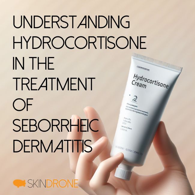 A hand holding a tube of hydrocortisone cream on the right, the post title "Understanding Hydrocortisone in the Treatment of Seborrheic Dermatitis" appears on the left. Subtle gradient background.