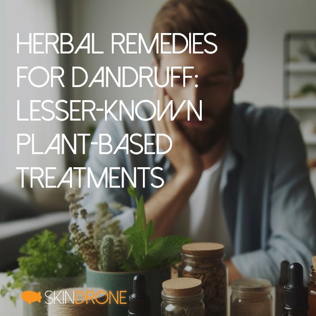 An array of fresh herbs and plants known for their potential in treating dandruff, such as saw-wort, myrtle, and pineapple, arranged alongside an individual looking down on them thinking which treatment option to try. Featured image with article title.