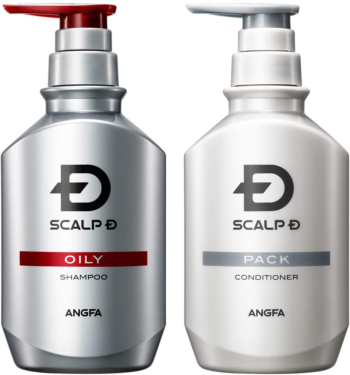 A bottle of Scalp-D oily variant anti-dandruff shampoo beside a bottle of Scalp-D conditioner – English language packaging