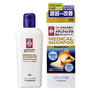Empty outer box beside a full bottle of Japanese Mediquick shampoo – retail packaging